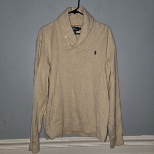 Polo Ralph Lauren Mens Large Cotton Shawl Collar Elbow Patch Sweater Biege Logo